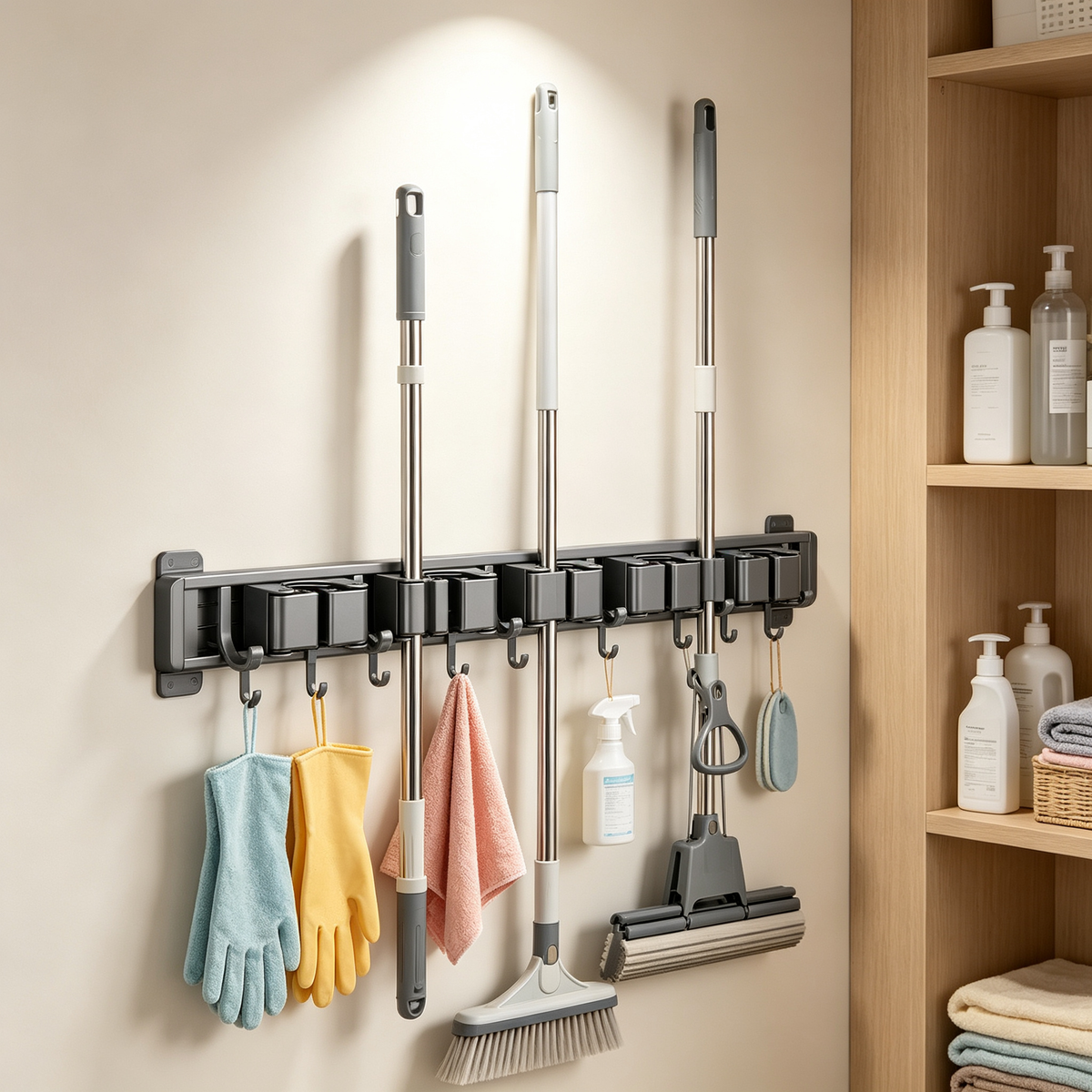 🧹 Wall-Mounted Mop & Broom Organizer